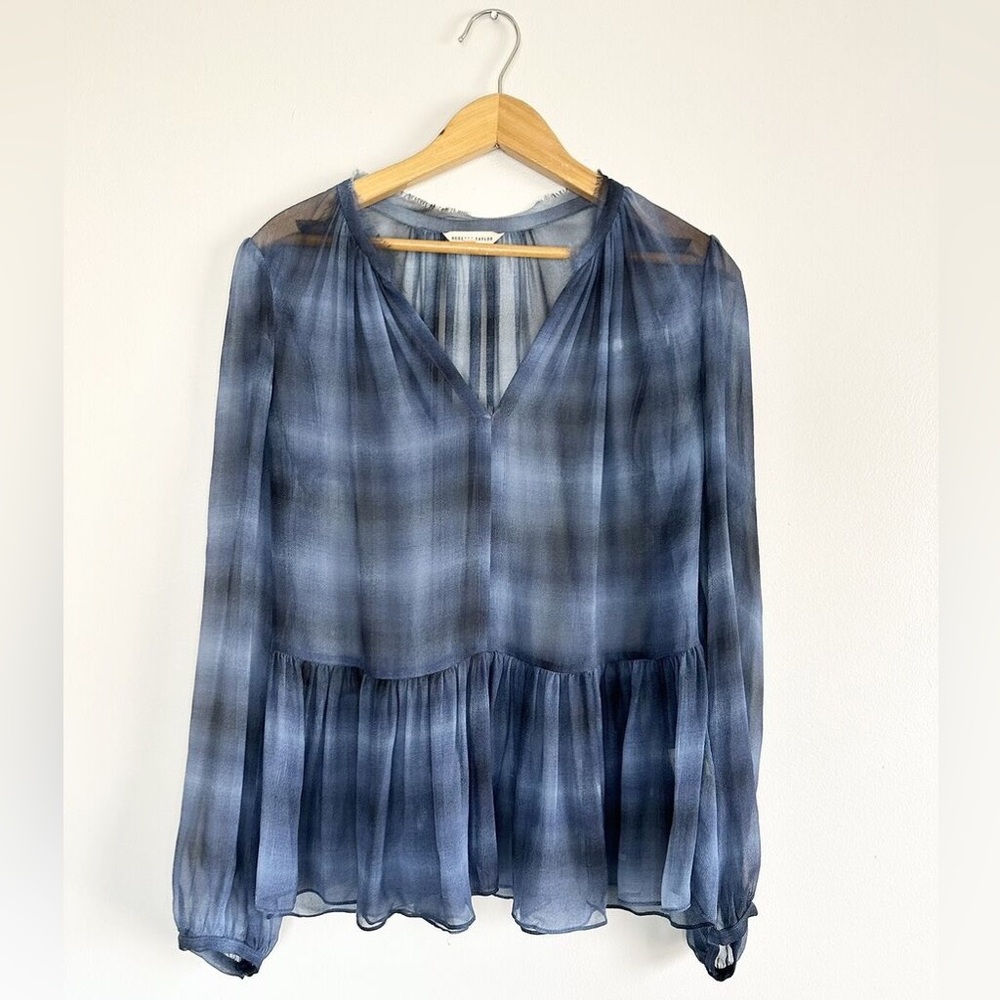 Rebecca Taylor Silk Blouse Women’s Blue Sheer Long Bishop Sleeve Size 2